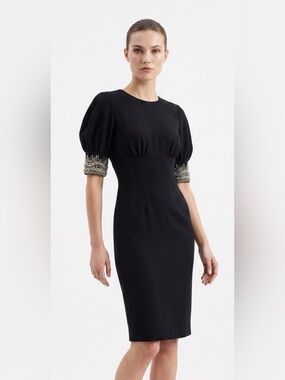 Magashoni Collection Black Puff-Sleeve Embellished Cuff Sheath Dress